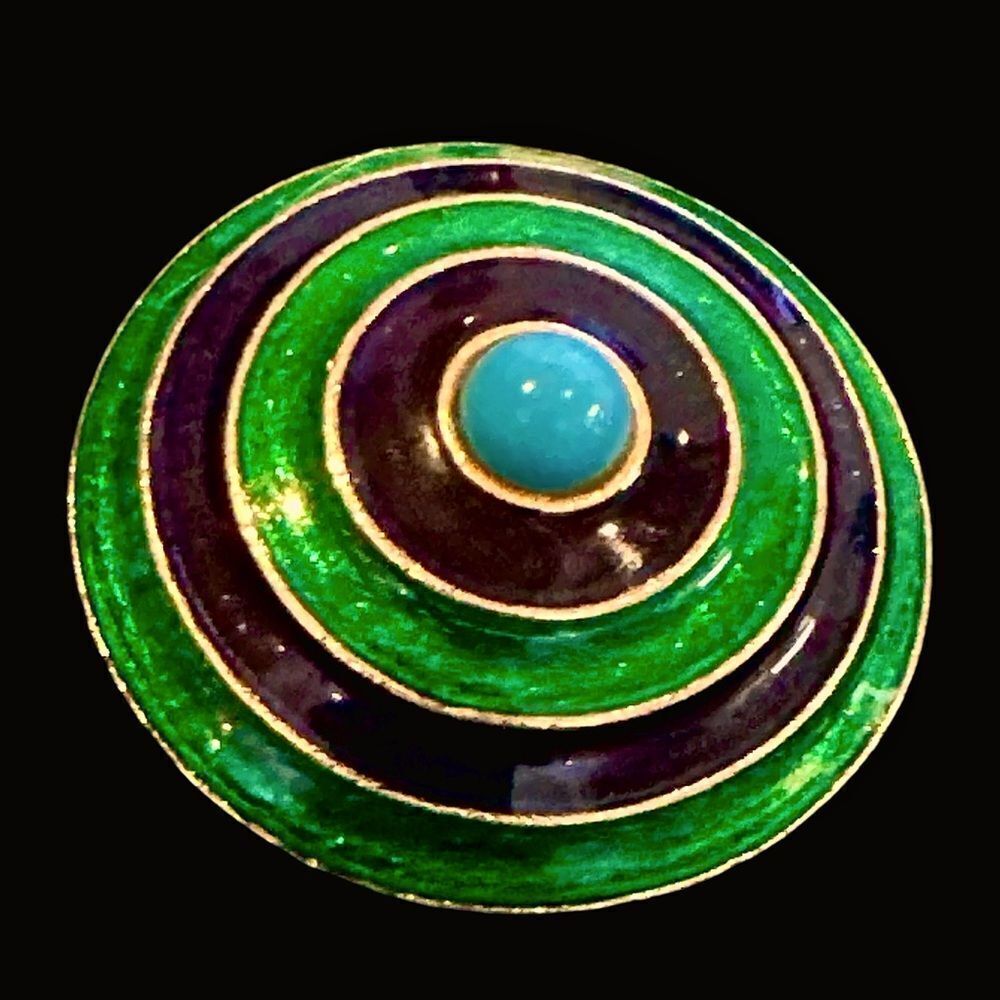 Vintage Florenza gold turquoise emerald green & black enamel brooch 2” round